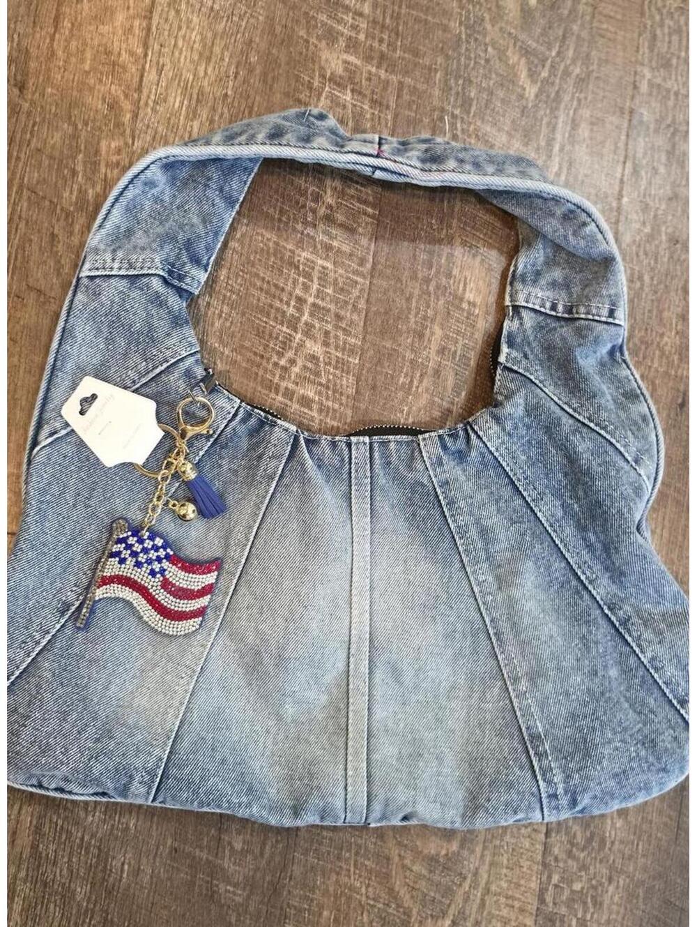 Blue Denim Handbag with American Flag Charm